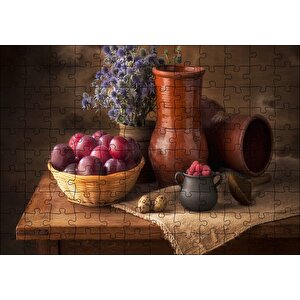 Kırmızı Erik Sepet Kavsnoz Mavi Çiçek Demeti Konsepti Görsel Puzzle Yapboz Mdf Ahşap 120 Parça