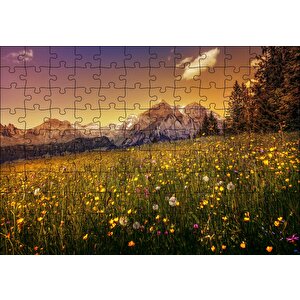 Karlı Zirveler Ve Karahindiba Çiçekleri Puzzle Yapboz Mdf Ahşap 120 Parça