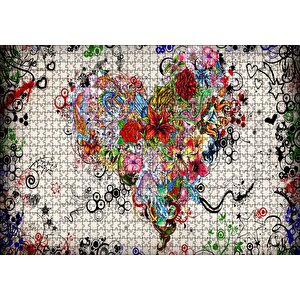 Desenler Ve Çiçeklerden Kalp Figürü Görseli Puzzle Yapboz Mdf Ahşap 1000 Parça
