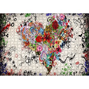 Desenler Ve Çiçeklerden Kalp Figürü Görseli Puzzle Yapboz Mdf Ahşap 500 Parça
