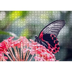 Pembe Çiçekler Ve Siyah Kırmızı Kelebek Puzzle Yapboz Mdf Ahşap 500 Parça