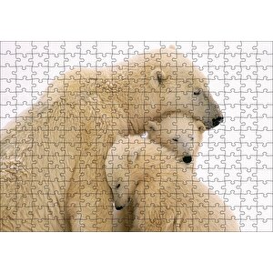Kutup Ayısı Ve Sevimli Yavruları Kar Arkaplan Puzzle Yapboz Mdf Ahşap 255 Parça