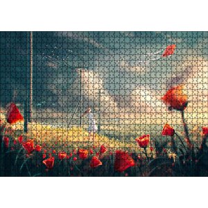 Anime Kız Uçurtmalar Rüzgar Çiçekler Görseli Puzzle Yapboz Mdf Ahşap 1000 Parça