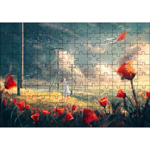 Anime Kız Uçurtmalar Rüzgar Çiçekler Görseli Puzzle Yapboz Mdf Ahşap 120 Parça