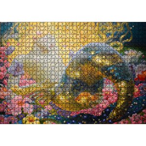 Altın Saçlı Deniz Kızı Çiçekler Ve Küçük Japon Balığı Puzzle Yapboz Mdf Ahşap 1000 Parça