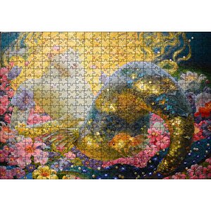 Altın Saçlı Deniz Kızı Çiçekler Ve Küçük Japon Balığı Puzzle Yapboz Mdf Ahşap 500 Parça