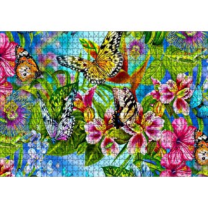 Rengarenk Çiçekler Üzerinde Rengarenk Kelebekler Puzzle Yapboz Mdf Ahşap 1000 Parça
