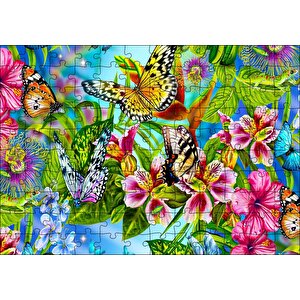 Rengarenk Çiçekler Üzerinde Rengarenk Kelebekler Puzzle Yapboz Mdf Ahşap 120 Parça