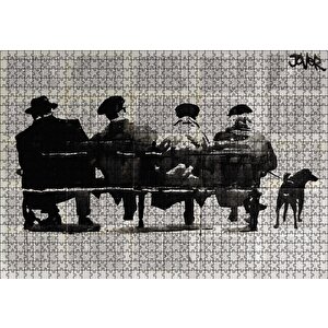 Gazete Küpürü Üstünde Bankta 4 Adam Ve Köpek Puzzle Yapboz Mdf Ahşap 1000 Parça