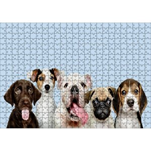 Sevimli 5 Köpek Portre Gökyüzü Arka Plan Puzzle Yapboz Mdf Ahşap 500 Parça
