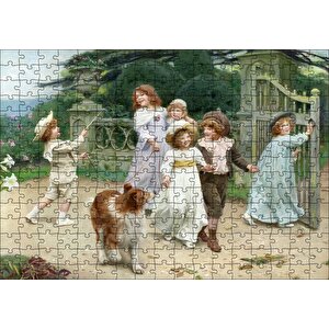 Bahçe Kapısı Önünde Çocuklar Ve Köpekleri Puzzle Yapboz Mdf Ahşap 255 Parça