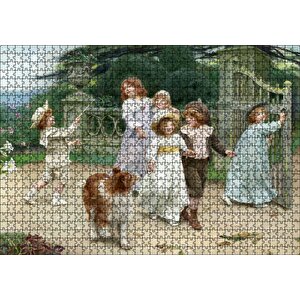 Bahçe Kapısı Önünde Çocuklar Ve Köpekleri Puzzle Yapboz Mdf Ahşap 1000 Parça