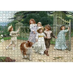 Bahçe Kapısı Önünde Çocuklar Ve Köpekleri Puzzle Yapboz Mdf Ahşap 500 Parça
