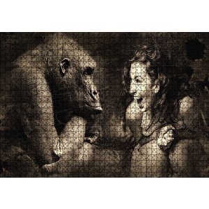 Maymun Ve Gülümseyen Kkadın Puzzle Yapboz Mdf Ahşap 1000 Parça