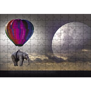 Balon İle Uçan Fil Ay Fantastik Puzzle Yapboz Mdf Ahşap 120 Parça