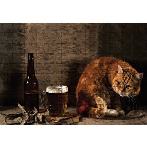 Kedinin Bira Bakışı Puzzle Yapboz Mdf Ahşap 120 Parça