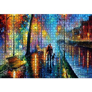 Sokak Lambaları Yürüyen Çift Ve Köpek Yağlı Boya Puzzle Yapboz Mdf Ahşap 1000 Parça