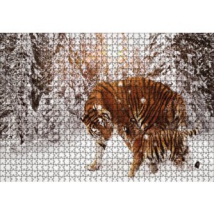 Kaplan Ve Yavrusu Karda Puzzle Yapboz Mdf Ahşap 1000 Parça