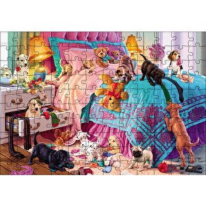Yatak Odasında Sevimli Yavru Köpekler Puzzle Yapboz Mdf Ahşap 120 Parça