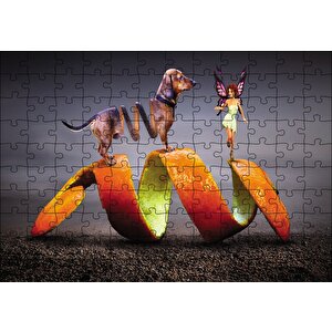 Köpek Sarmal Melek Kadın Fantastik Puzzle Yapboz Mdf Ahşap 120 Parça
