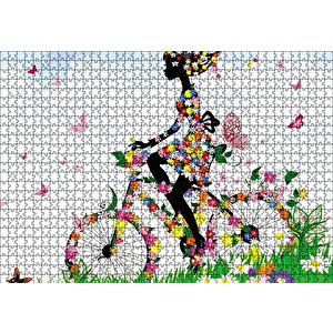 Kelebekler Bisikletli Kız Puzzle Yapboz Mdf Ahşap 1000 Parça