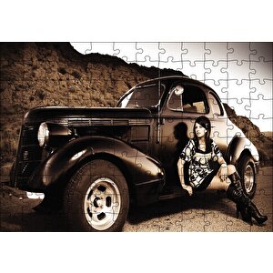 Eski Model Araba Ile Kız Puzzle Yapboz Mdf Ahşap 120 Parça