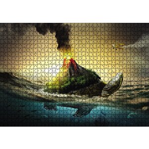 Kaplumbağa Sırtında Yanar Dağ Fantazi Puzzle Yapboz Mdf Ahşap 1000 Parça
