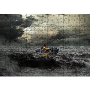 Hırçin Deniz Tekne Karanlık Bulutlar Puzzle Yapboz Mdf Ahşap 255 Parça