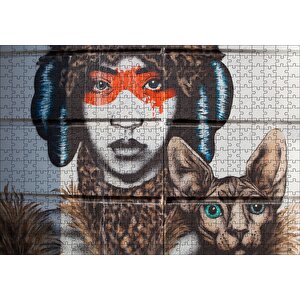 Kadın Ve Kedisi Duvar Boyama Puzzle Yapboz Mdf Ahşap 500 Parça