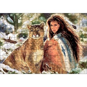 Kızılderili Kız Ve Dağ Kedisi Görseli Puzzle Yapboz Mdf Ahşap 120 Parça