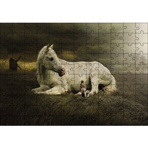 At Köpek Kız Çocuğu Fantatik Puzzle Yapboz Mdf Ahşap 120 Parça
