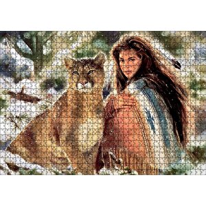 Kızılderili Kız Ve Dağ Kedisi Görseli Puzzle Yapboz Mdf Ahşap 1000 Parça