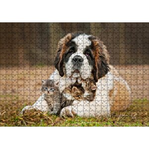 Cakapuzzle Çayırda Sen Bernard Ve Kucağında Yavru Kediler Puzzle Yapboz Mdf Ahşap