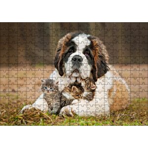 Çayırda Sen Bernard Ve Kucağında Yavru Kediler Puzzle Yapboz Mdf Ahşap 255 Parça