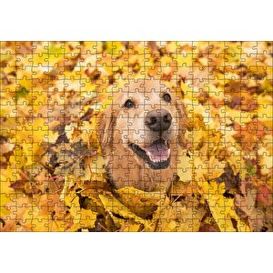 Sonbahar Yaprakları Üzerindeki Kahverengi Köpek Puzzle Yapboz Mdf Ahşap 255 Parça