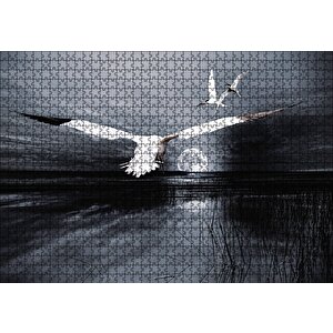 Gece Ay Göl Balıkçı Kuşları Puzzle Yapboz Mdf Ahşap 1000 Parça