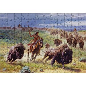 Buffolo Avcısı Kızılderililer Puzzle Yapboz Mdf Ahşap 120 Parça