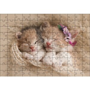 Birlikte Uyuyan Sevimli Yavru Kediler Puzzle Yapboz Mdf Ahşap 120 Parça