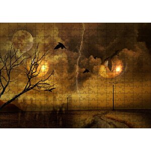 Kedi Gözleri Bulutlar Şimşekler Dolunay Ve Kargalar Puzzle Yapboz Mdf Ahşap 255 Parça