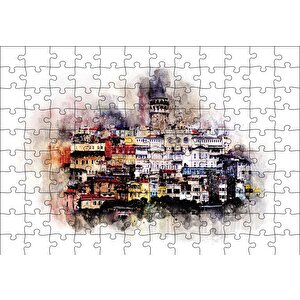 Suluboya Galata Manzarası Puzzle Yapboz Mdf Ahşap 120 Parça