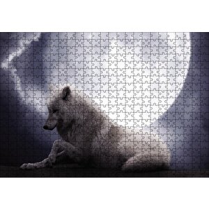 Beyaz Kurt Ay Görseli Puzzle Yapboz Mdf Ahşap 500 Parça