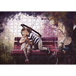 Bankta Kızı Öpen Şemsiyeli Çocuk Puzzle Yapboz Mdf Ahşap 255 Parça
