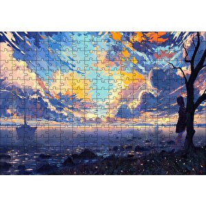 Günbatımı Deniz Yelkenliler Kız Ve Alacalı Gökyüzü Puzzle Yapboz Mdf Ahşap 255 Parça