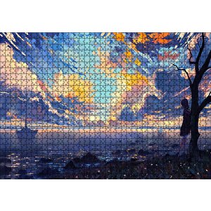Günbatımı Deniz Yelkenliler Kız Ve Alacalı Gökyüzü Puzzle Yapboz Mdf Ahşap 1000 Parça