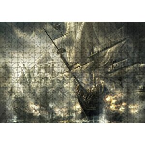 Yelkenli Gemiler İle Deniz Savaşı Çizim Görseli Puzzle Yapboz Mdf Ahşap 500 Parça