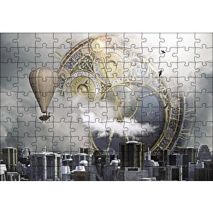 Şehir Saat Balon Fantastik Puzzle Yapboz Mdf Ahşap 120 Parça