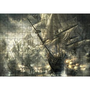 Yelkenli Gemiler İle Deniz Savaşı Çizim Görseli Puzzle Yapboz Mdf Ahşap 120 Parça