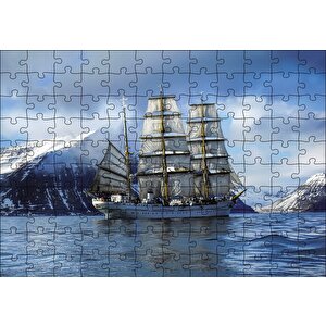 Karlı Dağlar Arasında Süzülen Yelkenli Gemi Puzzle Yapboz Mdf Ahşap 120 Parça