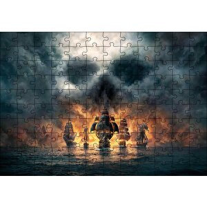 Deniz Savaşı Alevler İçinde Gemiler Puzzle Yapboz Mdf Ahşap 120 Parça