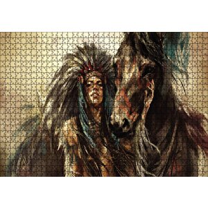 Yağlı Boya At Kızılderili Kadın Puzzle Yapboz Mdf Ahşap 1000 Parça